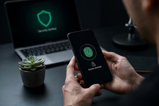 Person using a smartphone with a security verification screen in a dark office security verification smartphone protection authenticated technology identity software encrypted fingerprint