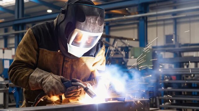 Industrial welder wearing protective gear, performing metal welding amid bright sparks and intense light inside modern factory workshop, 4K video