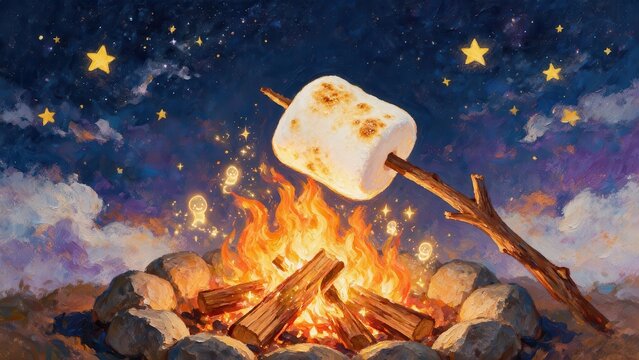 Cozy Campfire Scene with S'mores and Starry Night Sky Illustration