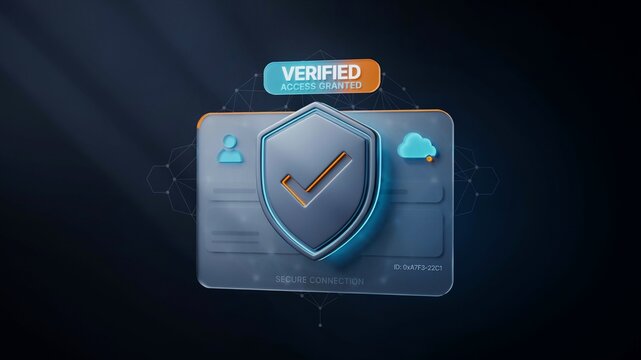Verified account security badge with 3D shield and checkmark icon. Digital identity verification card for cyber safety. Secure login authentication interface on dark blue background.
