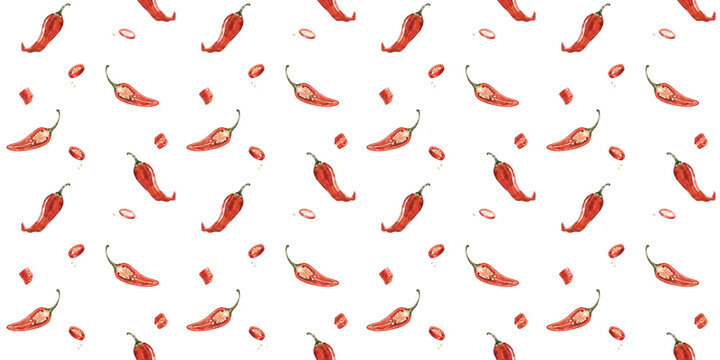 Watercolor red chili peppers seamless pattern on white background, hand-drawn spicy vegetable textile and wrapping paper design