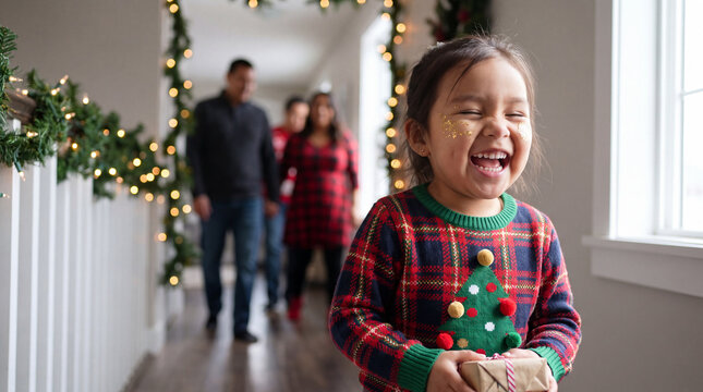Laughing Indigenous child in a plaid tree ugly Christmas sweater celebrates festive family Xmas winter holiday celebration for website banner photography.