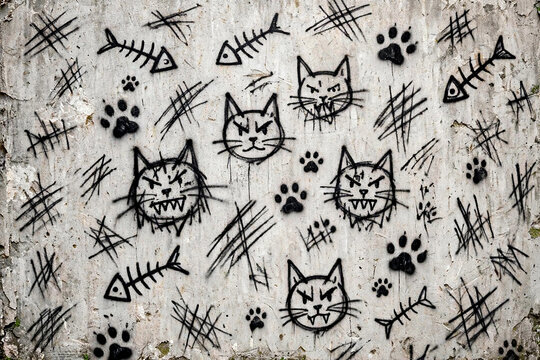 Urban street art graffiti pattern featuring angry cats, fish bones, and claw scratch marks on a concrete wall