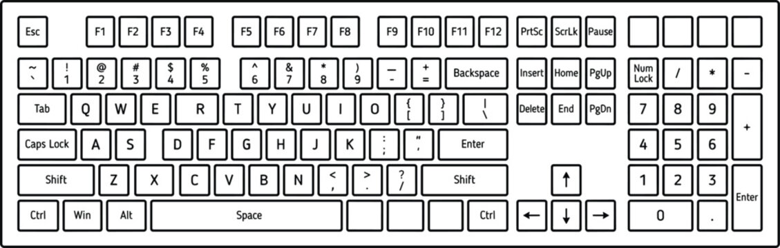 Standard full size qwerty computer keyboard outline vector template with alphanumeric buttons function keys and separate number pad