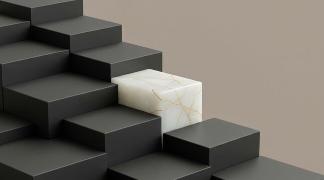 Graphic art of a white jade monolithic slab with gold veins breaking dark basalt stone steps sequence with copy space