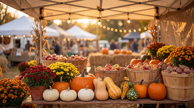 Autumn farmers market stall displaying pumpkins, squash and mums, great for seasonal festival and Thanksgiving promotions.