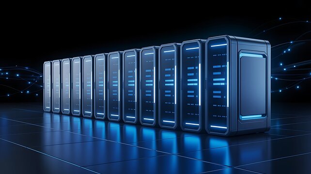 Server racks glowing blue with data streams against a dark background conceptualizing digital technology and network infrastructure