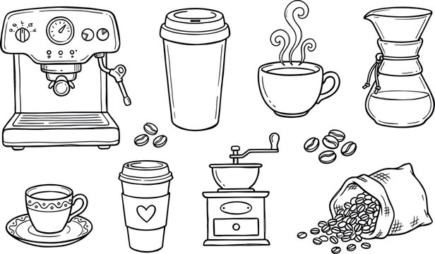 Hand Drawn Coffee Shop Icon Set with Vintage Espresso Machine, Manual Grinder, Chemex, Takeaway Cups, Roasted Beans, and Sack for Cafe Branding