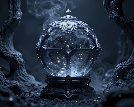 Magic crystal ball with smoke and metallic ornament on dark background