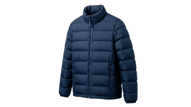 Down jacket with a lightweight quilted body, evenly filled horizontal baffles, high collar, front zipper, and soft insulated construction designed for cold-weather warmth, isolated apparel
