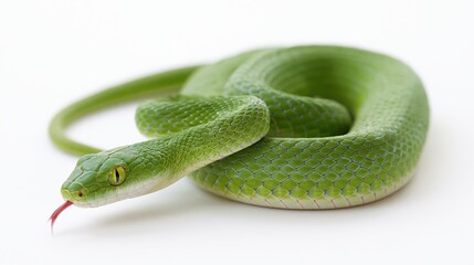 Obraz premium Bright green snake coiled in s-shape with head raised and tongue extended on white background