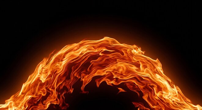 Dynamic arching flames with vibrant orange and red hues create an intense, powerful visual against a dark background.