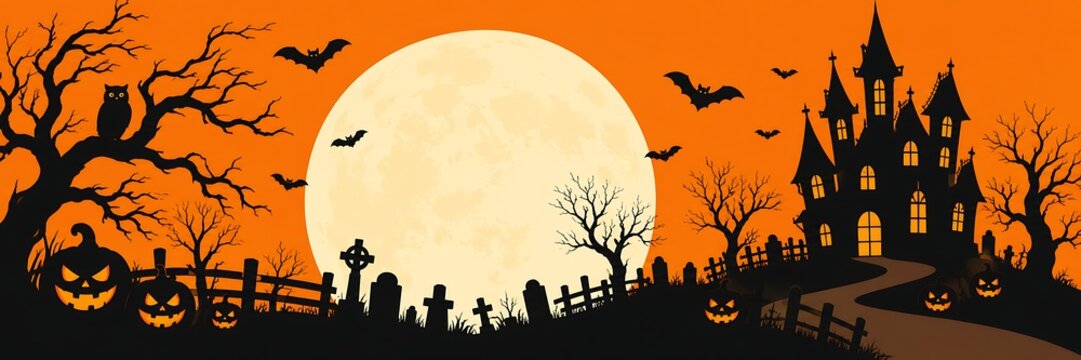 A spooky haunted house silhouette with a full moon and carved pumpkins on a dark orange background