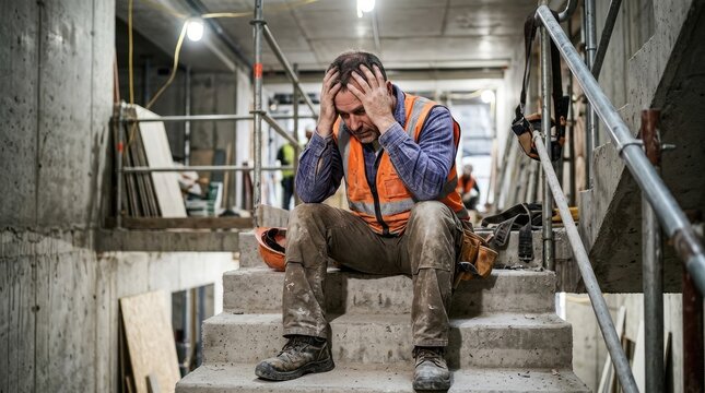 A weary construction worker sits on a concrete staircase, head in his hands, displaying signs of exhaustion and frustration. He wears an orange and blue safety vest, work boots, and dirty jeans.