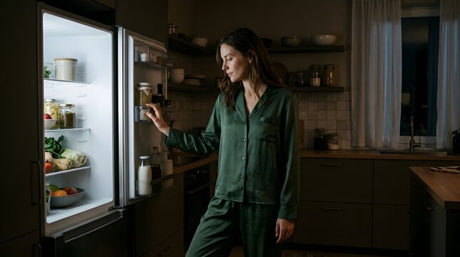 Woman in pajamas searching for food in refrigerator at night home kitchen