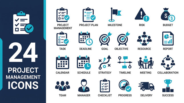 Flat design project management iconset featuring 24 task-related symbols for corporate presentations and reports
