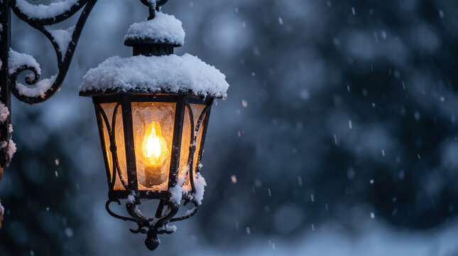 Vintage street lamp glowing in falling snow at dusk