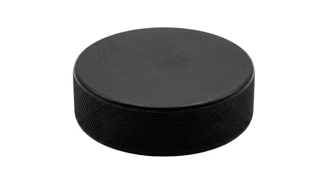 Solid black vulcanized rubber hockey puck with a flat cylindrical shape and textured knurled edges for gripping the ice. Photorealistic, top 3/4 view, square orientation, ultra-high-resolution 8K, on