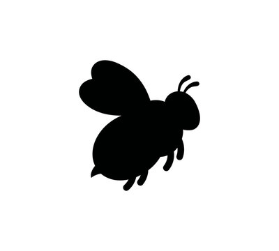 Black silhouette flying bee icon with antennae and wings isolated on transparent background.