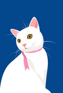 White Cat with Pink Ribbon on Blue Background, Minimalist Flat Illustration