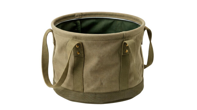Garden harvest bag with a roomy flexible fabric body, reinforced handles, structured open top, durable washable material, and practical utility design for collecting garden produce. Photorealistic