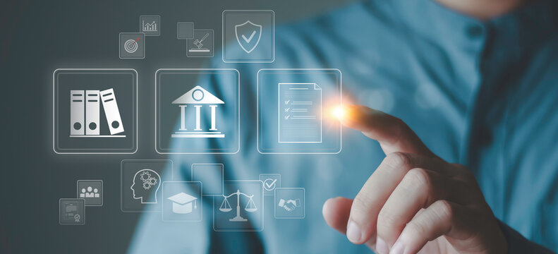 Digital government concept, professional using a laptop with online public services, document management, legal, communication, global access, artificial intelligence, and modern administration.