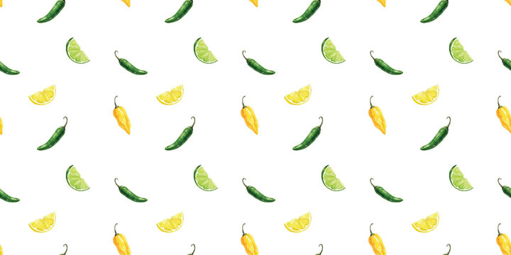 Watercolor green chili peppers and lime slices seamless pattern on black background, fresh citrus and spicy food design
