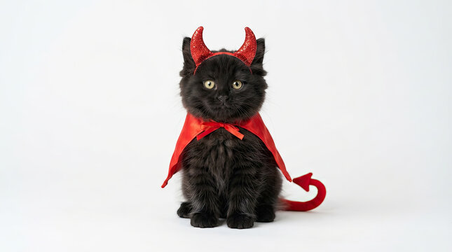 A charmingly mischievous black kitten adorably dressed as a devil captivates with its innocent yet playfully wicked halloween costume creating a delightful spectacle