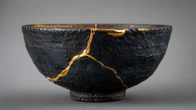Traditional black ceramic tea bowl repaired with metallic gold lacquer cracks following the Japanese kintsugi art technique isolated on a gray background