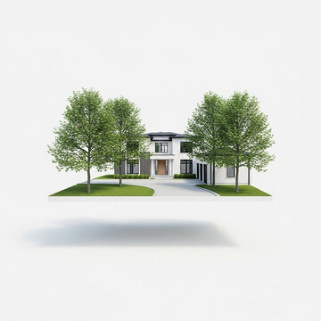 3d render of a modern twostory house with green trees and a driveway isolated on white background