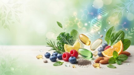 A vibrant arrangement of fresh fruits and vegetables is displayed alongside several vitamin supplements on a light wooden surface.