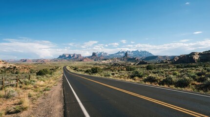 Obraz premium A black asphalt road winds through a vast, arid landscape under a clear blue sky.