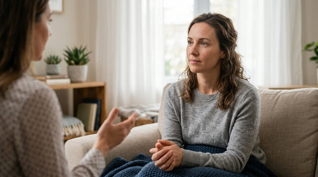 Woman receiving emotional support during therapy session, looking distressed