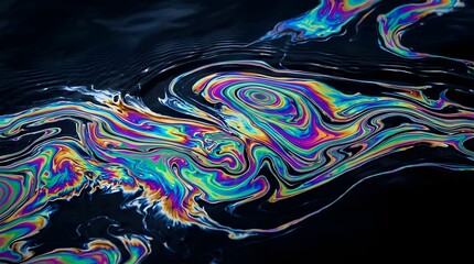 Obraz premium Iridescent oil spill creates swirling rainbow patterns with vibrant neon colors on liquid surface in this sharp high definition macro photograph