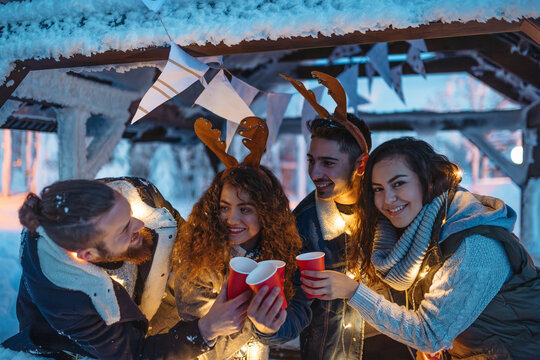 New Year celebration with friends in mountain cabin.