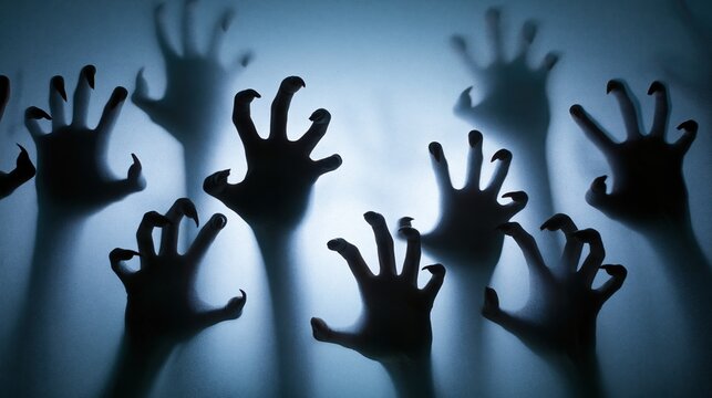 Dark hand silhouettes with claw-like fingers reaching through frosted glass