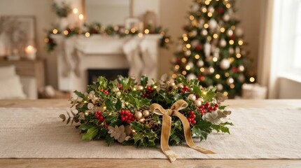 Fototapeta premium A festive wreath sits on a wooden table, adorned with greenery, berries, and gold accents. A decorated Christmas tree and fireplace are visible in the blurred background.