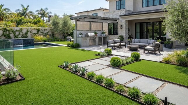 A luxurious outdoor patio features a built-in grill, comfortable seating, and a sleek concrete pathway leading to a swimming pool.