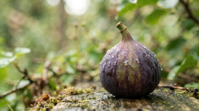 A dark purple fig rests on a moss-covered wooden log in a forest setting. Raindrops cling to the fig's surface, highlighting its glossy skin.