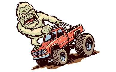 Angry Sasquatch Mythical Creature Pushing a Large Monster Vehicle Vector Illustration © Tri