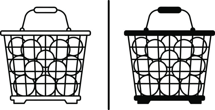 Black and white wire basket with tennis balls line art icons   