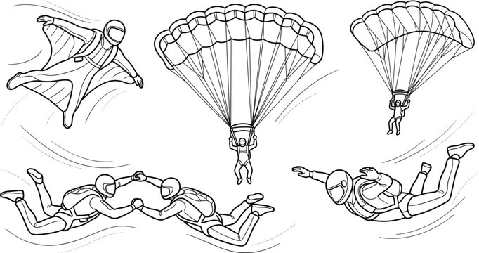 Skydiving and extreme sport vector doodle set featuring paragliding wingsuit flying skydivers and parachutes in black outline style