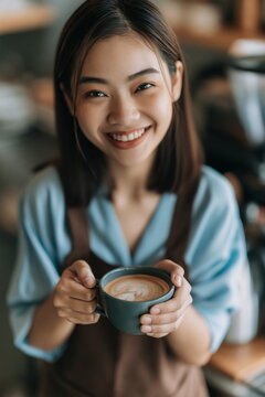 Trainee Barista Masterfully Crafting Intricate Latte Art in a Cozy Coffee Shop Setting
