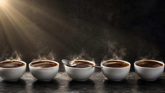 Row of white ceramic bowls filled with hot steaming black coffee during a professional cupping session under a dramatic warm sunbeam