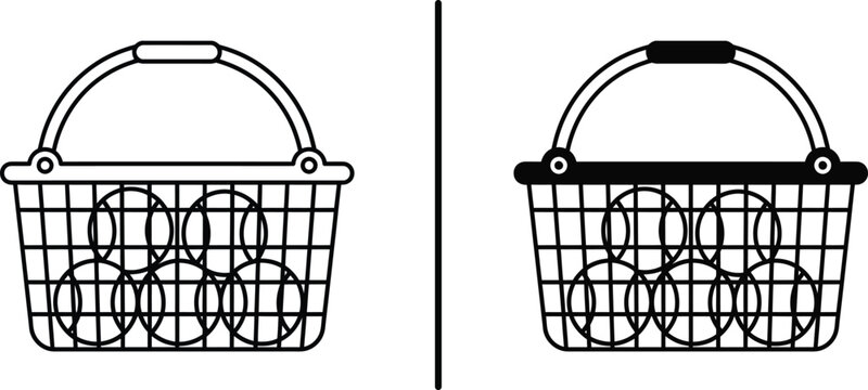 Black and white wire basket with tennis balls line art icons   