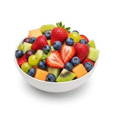 Fresh fruit salad in a white bowl isolated on white background