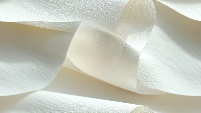 Abstract close up of soft white toilet paper rolls showing layered texture with natural lighting