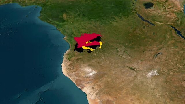 Satellite map animation of Angola, with zoom in and zoom out, moving clouds, growing ink-shape waving flag of the country, gradient outline indicating the border. Concept for broadcast, social media.