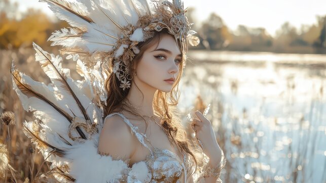 Young woman wearing an elaborate feather headdress and costume standing in a sunlit nature landscape