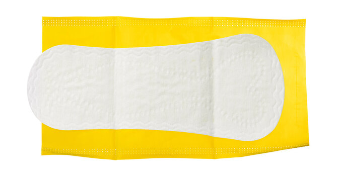 Product display of a menstrual pad on a plain background showing the packaging and design